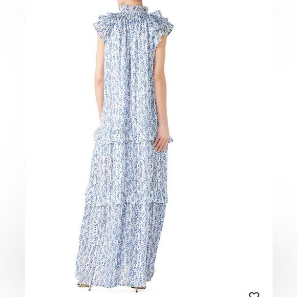 Sabina Musayev Blue Print Gwen Maxi Blue Floral with Gold Threading, Size Medium - Picture 2 of 13